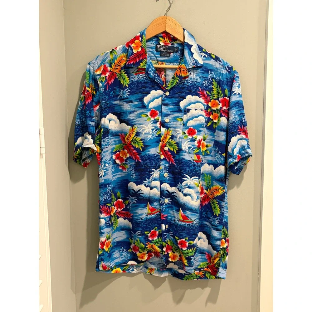 Polo Ralph Lauren Vintage Caldwell Hawaiian Shirt BlueTropical Floral Sailboat S